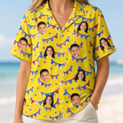 Model wearing Women's Banner Bash Custom Face Hawaiian Shirt printed with kids' faces