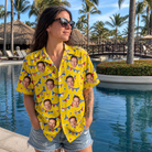 Real-life photo of someone wearing Women's Banner Bash Custom Face Hawaiian Shirt — custom faces printed all-over