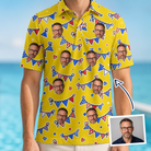 Man wearing Men's Banner Bash Custom Face Polo Shirt — custom faces printed all-over