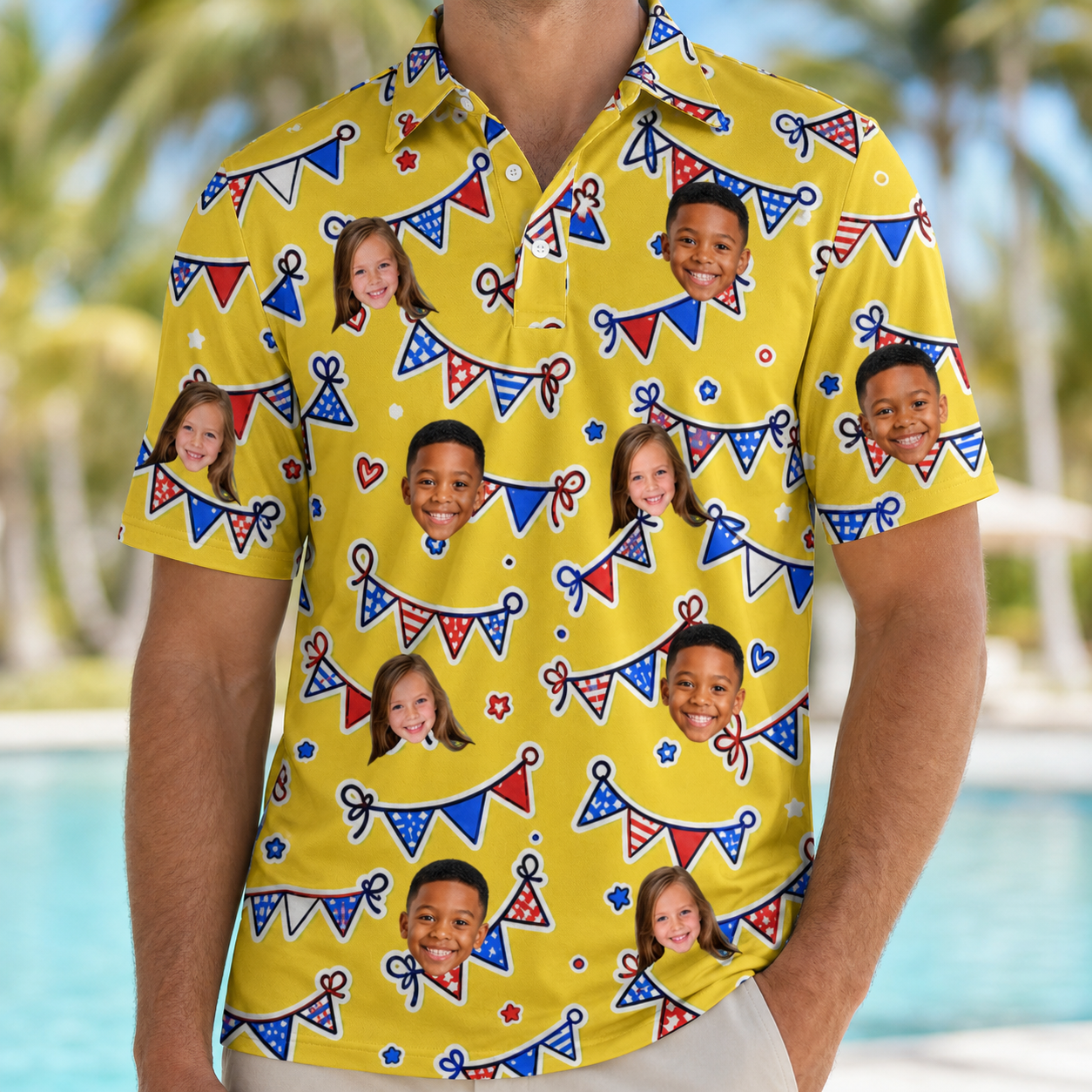 Model wearing Men's Banner Bash Custom Face Polo Shirt printed with kids' faces