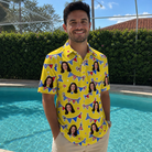 Real-life photo of someone wearing Men's Banner Bash Custom Face Polo Shirt — custom faces printed all-over