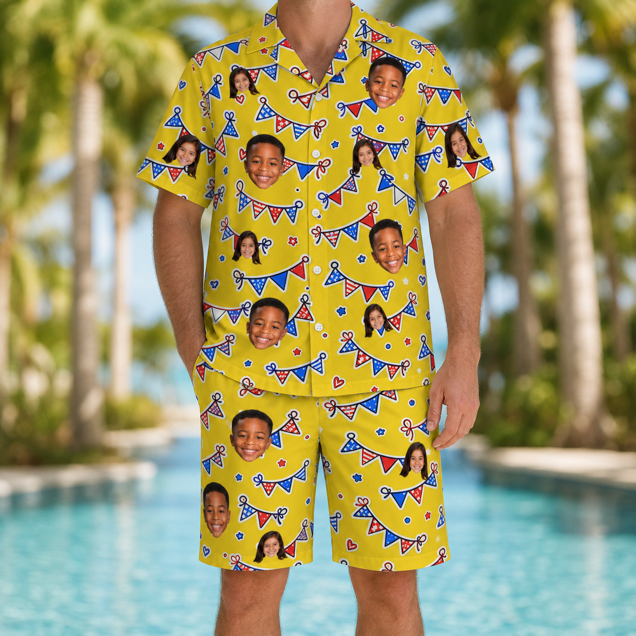 Model wearing Men's Banner Bash Custom Face Shirt & Shorts Set printed with kids' faces