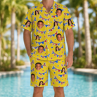 Model wearing Men's Banner Bash Custom Face Shirt & Shorts Set printed with kids' faces