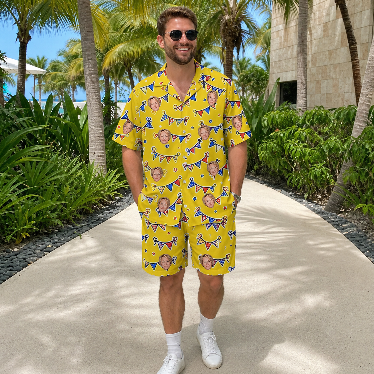 Real-life photo of someone wearing Men's Banner Bash Custom Face Shirt & Shorts Set — custom faces printed all-over