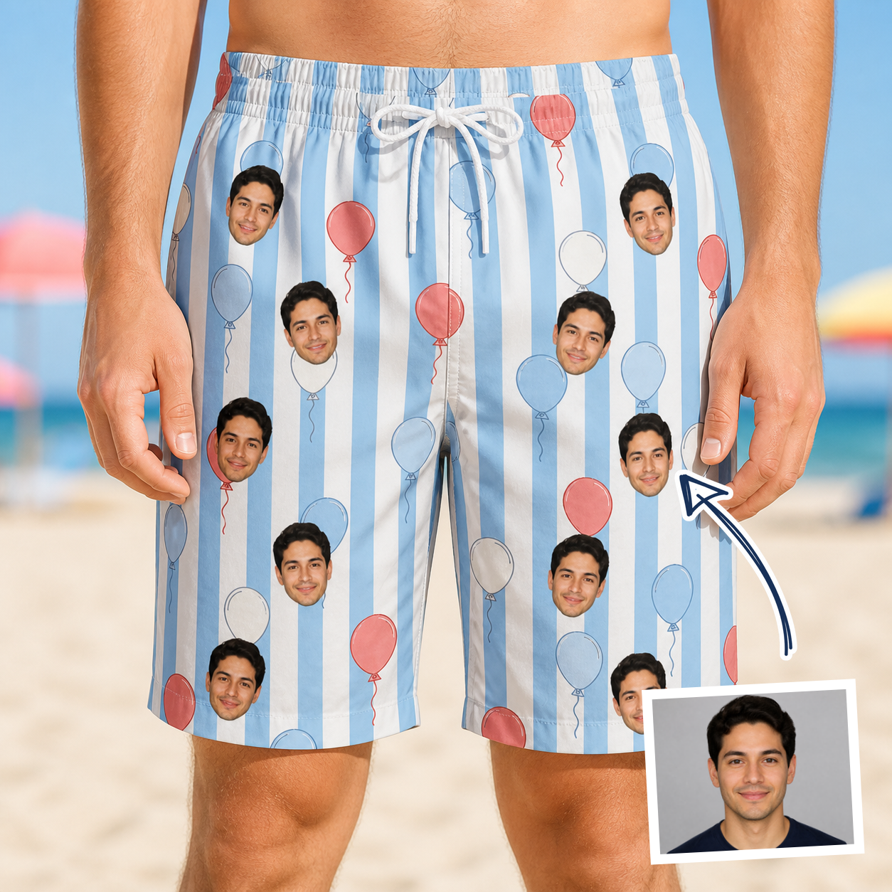 Man wearing Men's Tri-Color Tumble Custom Face Beach Shorts — custom faces printed all-over