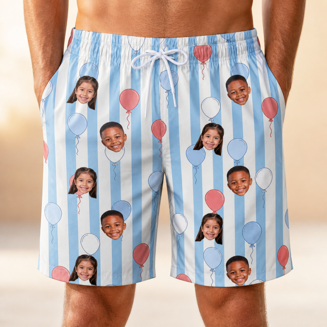 Model wearing Men's Tri-Color Tumble Custom Face Beach Shorts printed with kids' faces