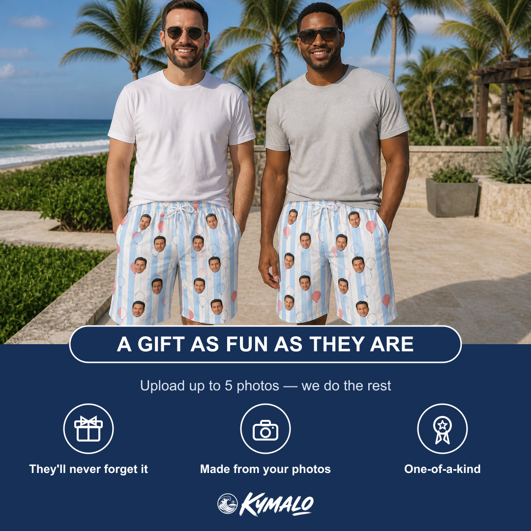 Friends in matching Men's Tri-Color Tumble Custom Face Beach Shorts — a group gift photo