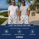 Friends in matching Men's Tri-Color Tumble Custom Face Beach Shorts — a group gift photo