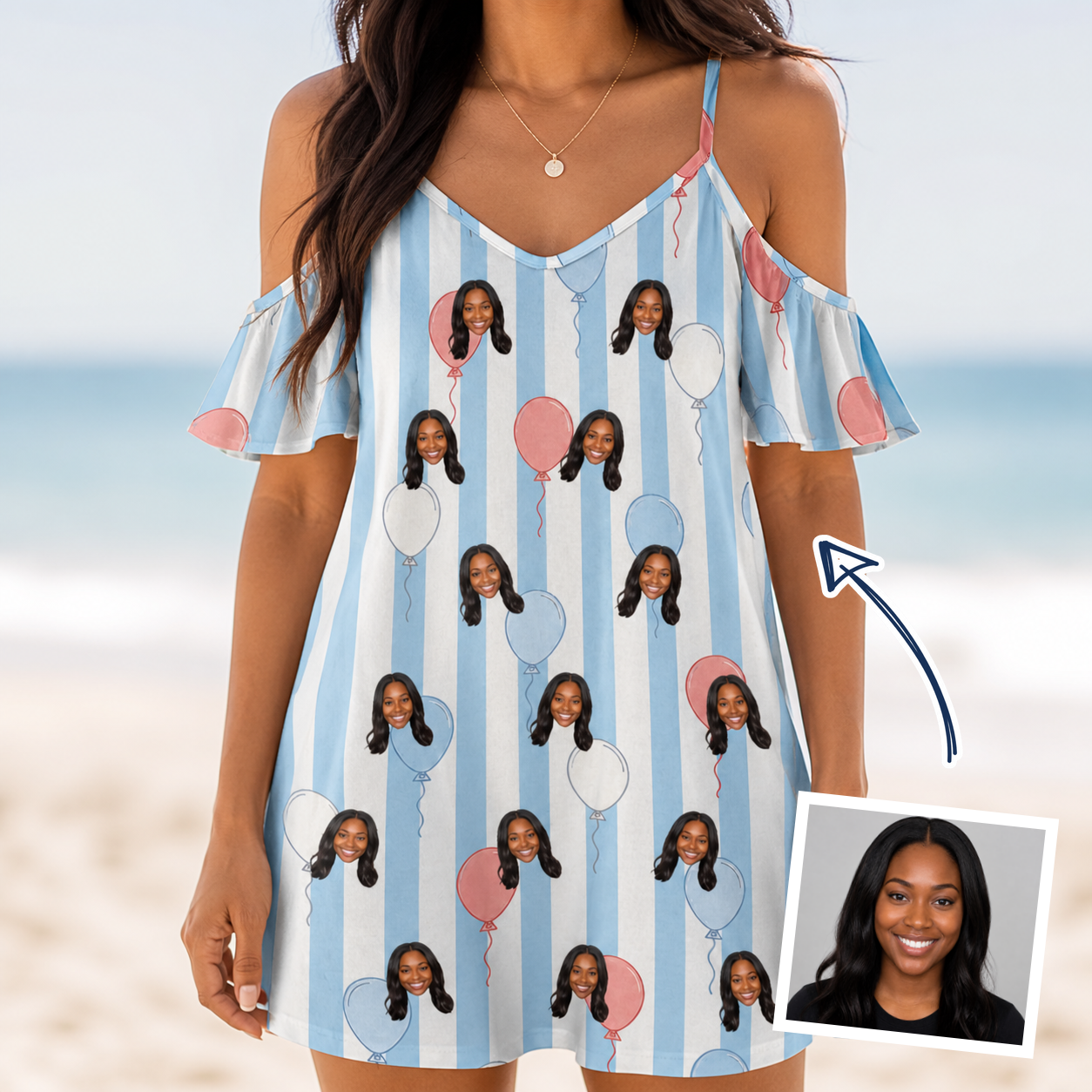Woman wearing Women's Tri-Color Tumble Custom Face Off-Shoulder Dress — custom faces printed all-over
