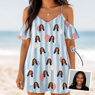 Woman wearing Women's Tri-Color Tumble Custom Face Off-Shoulder Dress — custom faces printed all-over