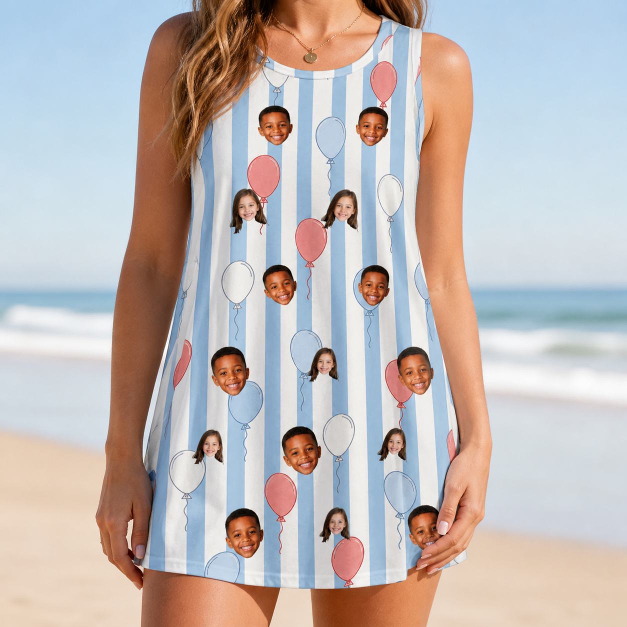 Model wearing Women's Tri-Color Tumble Custom Face Tank Dress printed with kids' faces