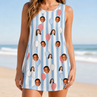 Model wearing Women's Tri-Color Tumble Custom Face Tank Dress printed with kids' faces