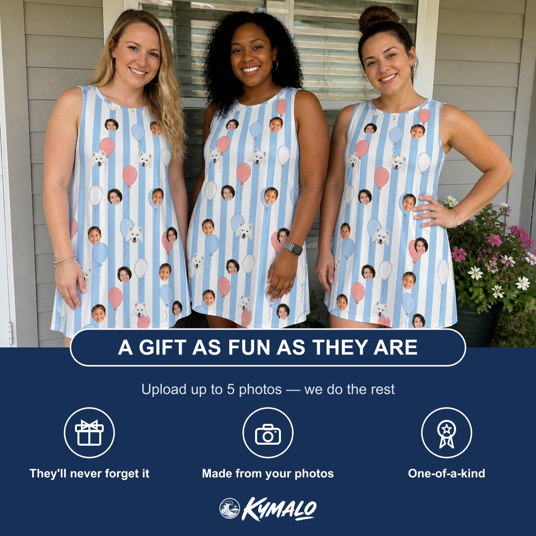 Friends in matching Women's Tri-Color Tumble Custom Face Tank Dress — a group gift photo