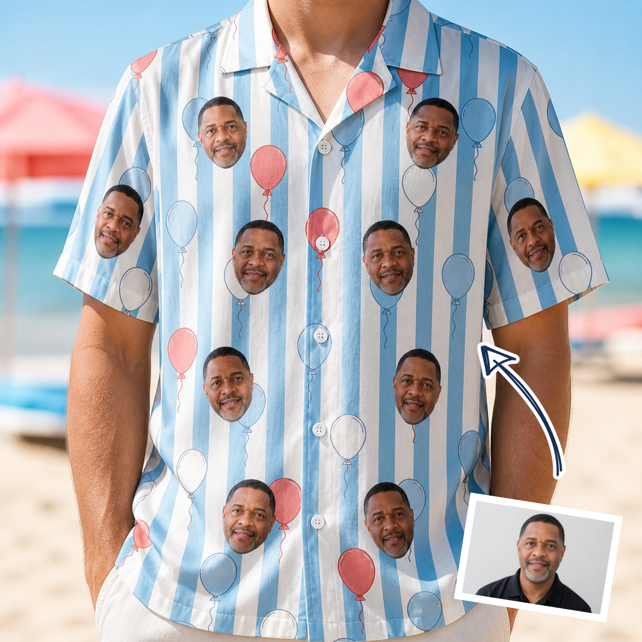 Man wearing Men's Tri-Color Tumble Custom Face Hawaiian Shirt — custom faces printed all-over