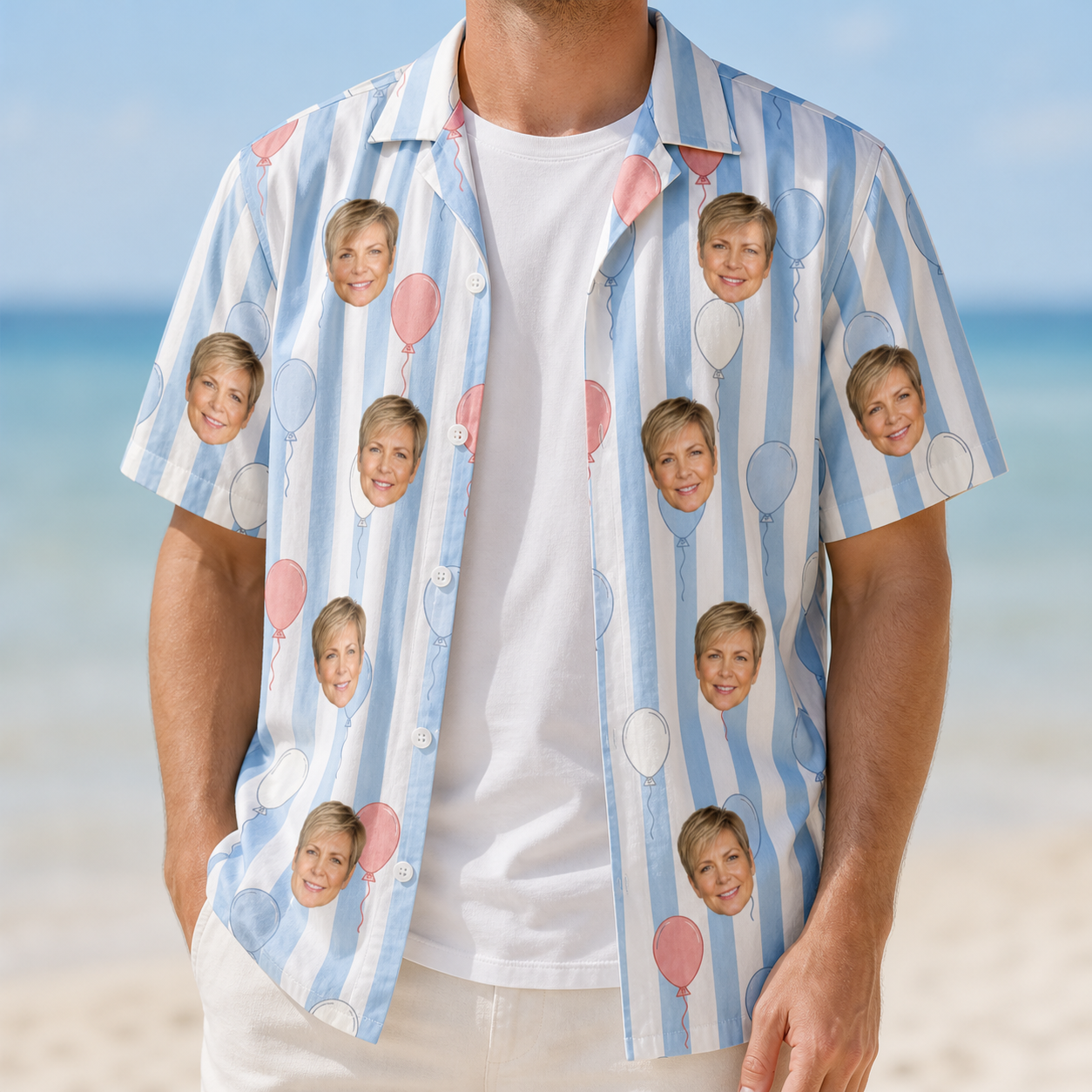 Man wearing Men's Tri-Color Tumble Custom Face Hawaiian Shirt open over a white tee