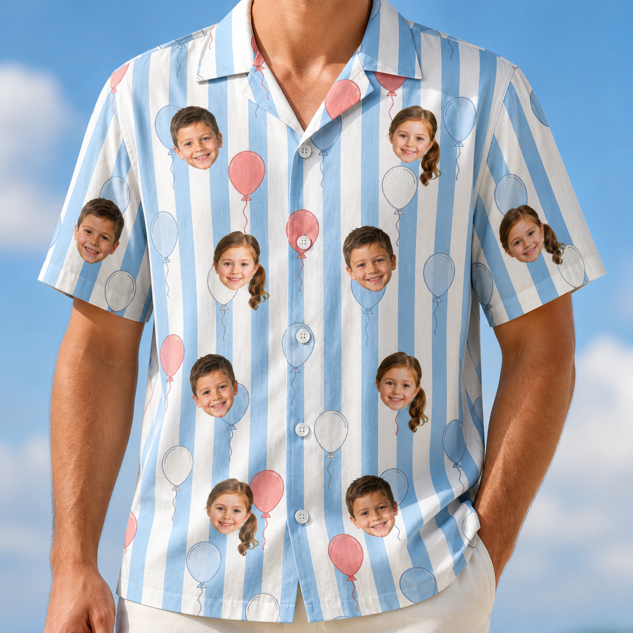 Model wearing Men's Tri-Color Tumble Custom Face Hawaiian Shirt printed with kids' faces