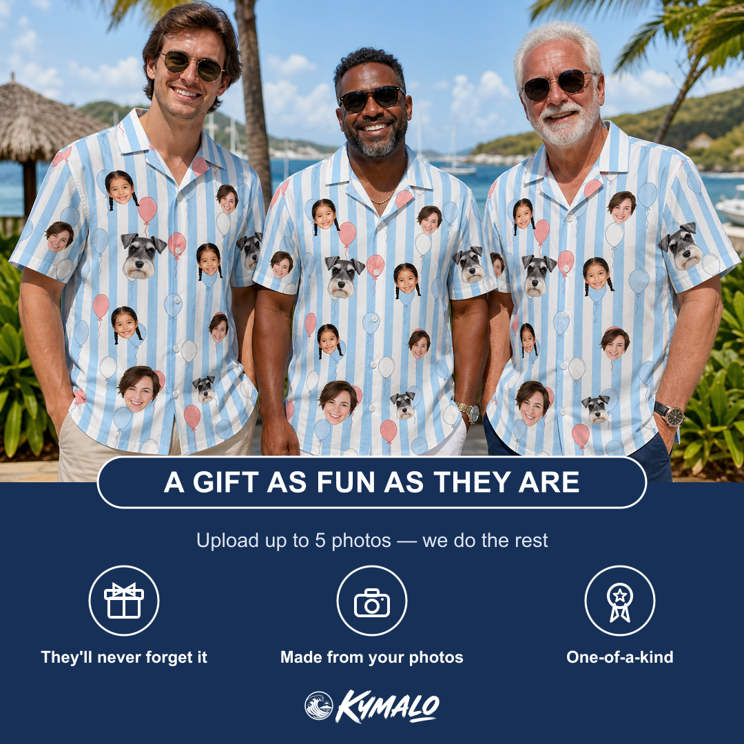 Friends in matching Men's Tri-Color Tumble Custom Face Hawaiian Shirt — a group gift photo