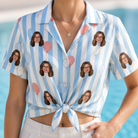 Woman wearing Women's Tri-Color Tumble Custom Face Hawaiian Shirt tied at the waist