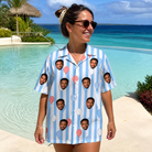 Real-life photo of someone wearing Women's Tri-Color Tumble Custom Face Hawaiian Shirt — custom faces printed all-over