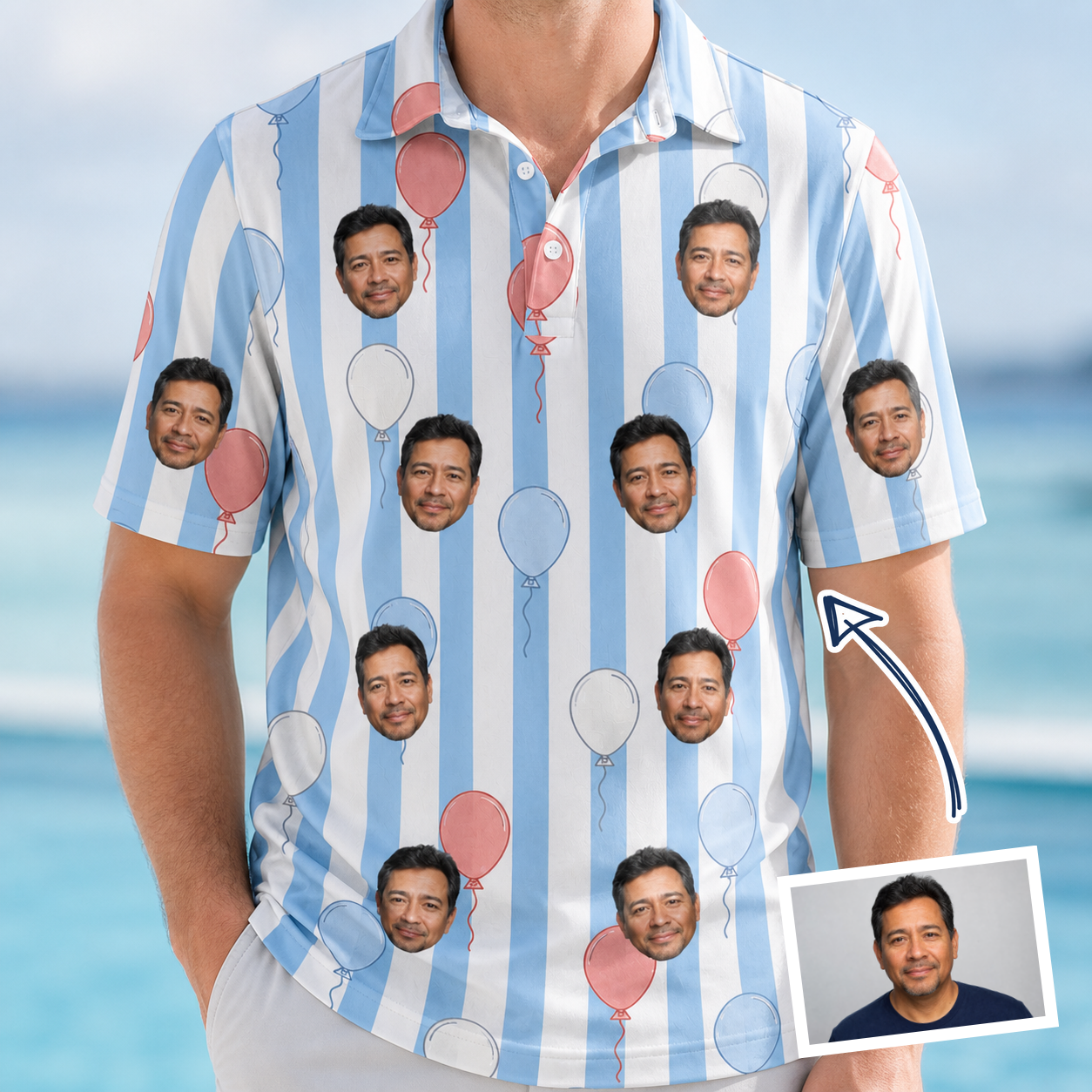 Man wearing Men's Tri-Color Tumble Custom Face Polo Shirt — custom faces printed all-over