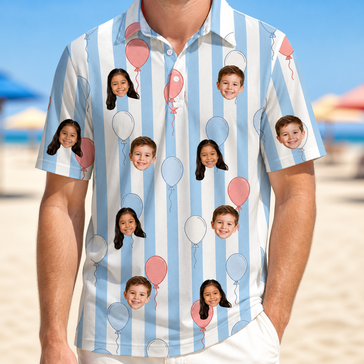 Model wearing Men's Tri-Color Tumble Custom Face Polo Shirt printed with kids' faces