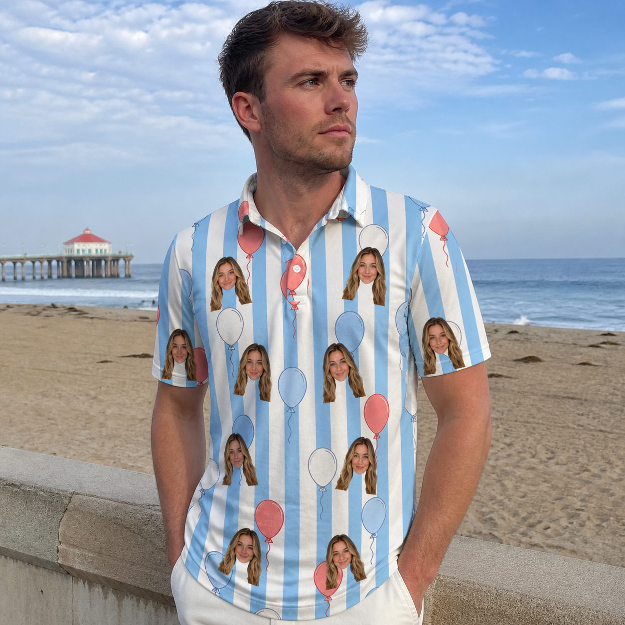 Real-life photo of someone wearing Men's Tri-Color Tumble Custom Face Polo Shirt — custom faces printed all-over