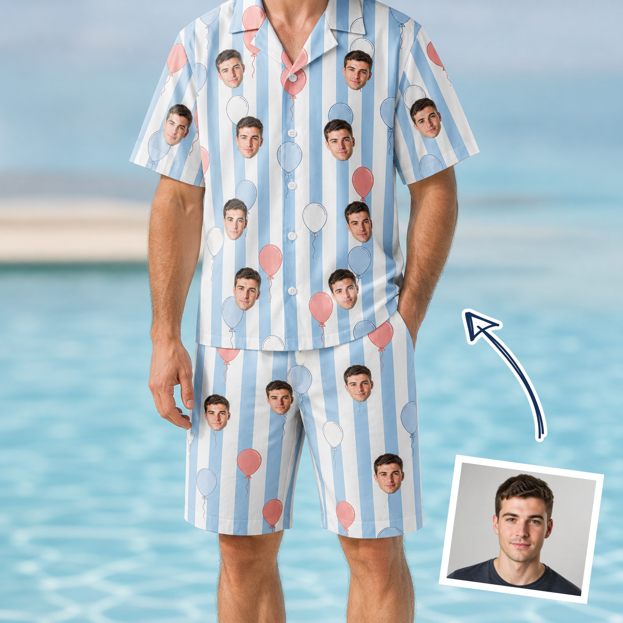 Man wearing Men's Tri-Color Tumble Custom Face Shirt & Shorts Set — custom faces printed all-over