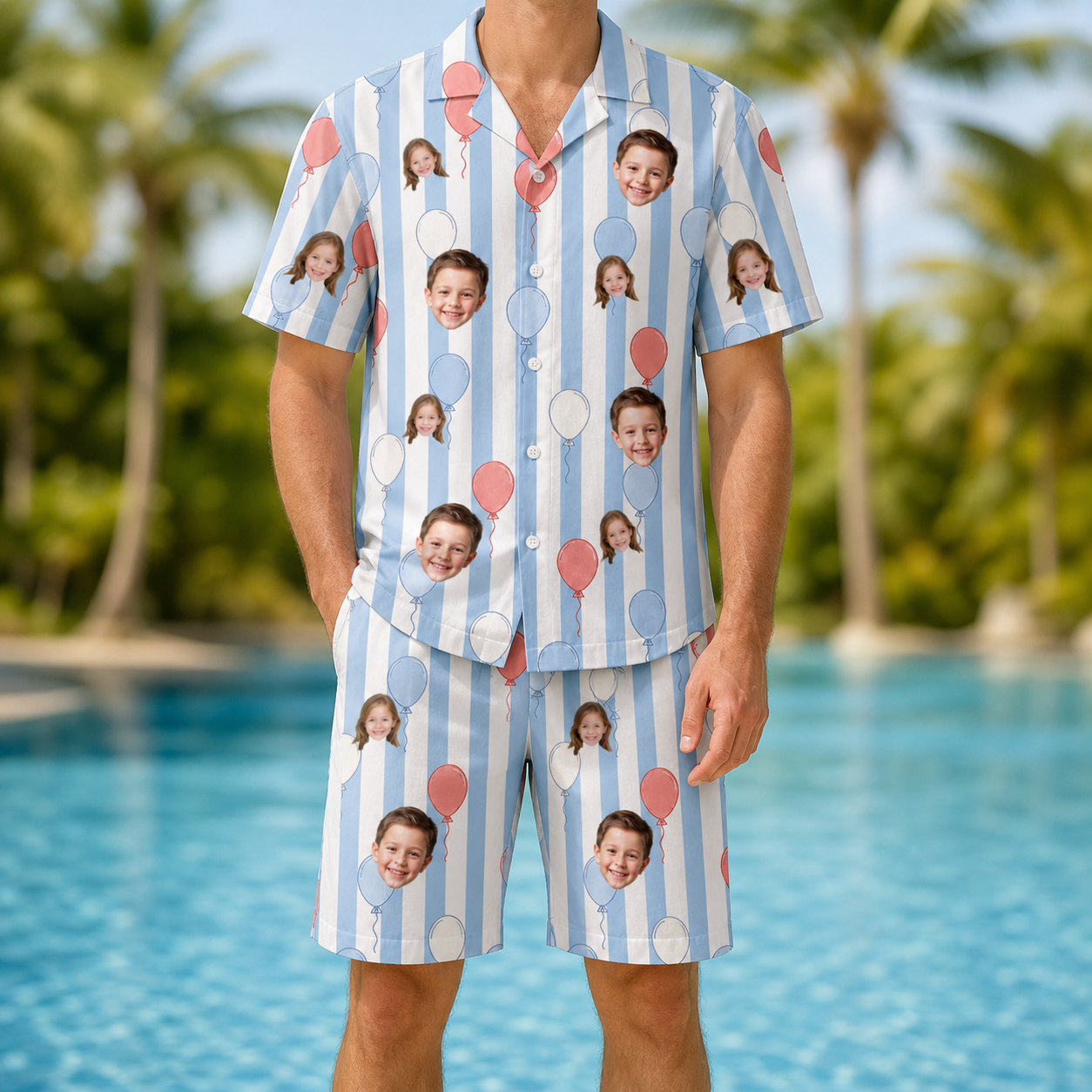 Model wearing Men's Tri-Color Tumble Custom Face Shirt & Shorts Set printed with kids' faces