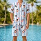 Model wearing Men's Tri-Color Tumble Custom Face Shirt & Shorts Set printed with kids' faces