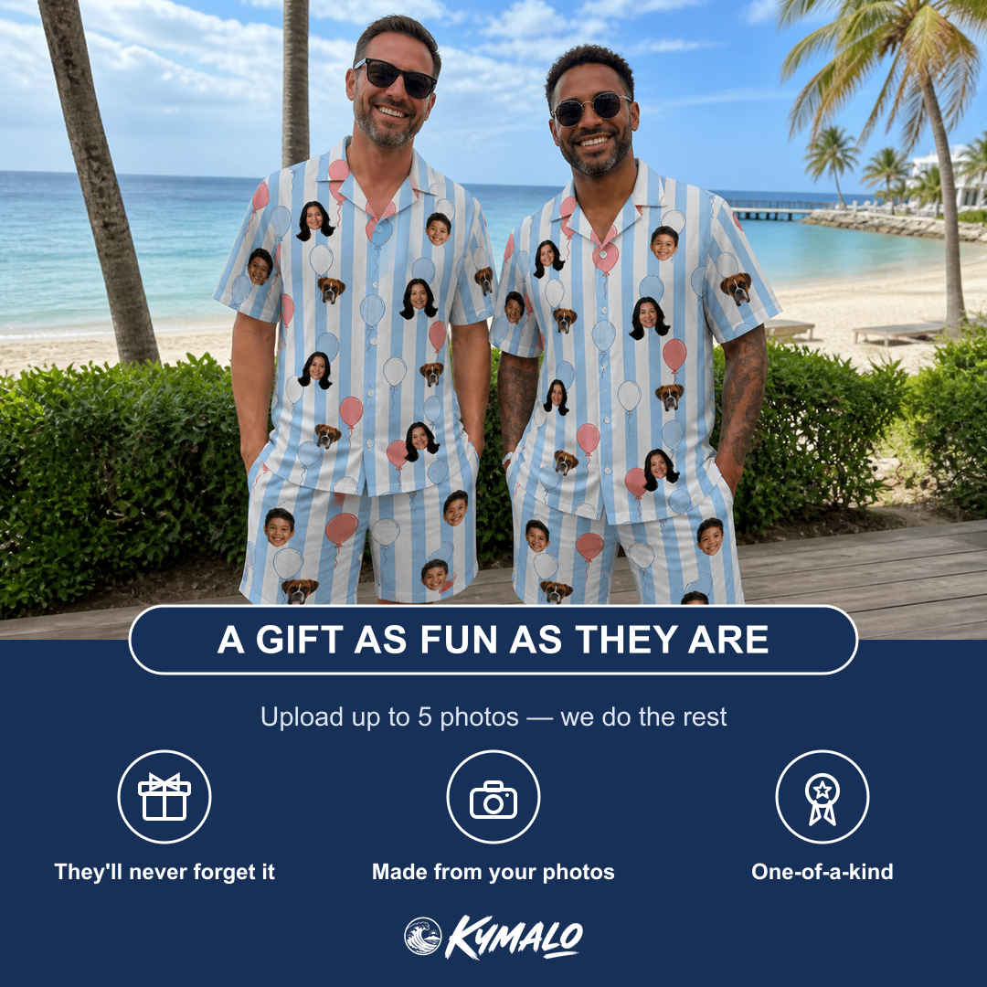 Friends in matching Men's Tri-Color Tumble Custom Face Shirt & Shorts Set — a group gift photo