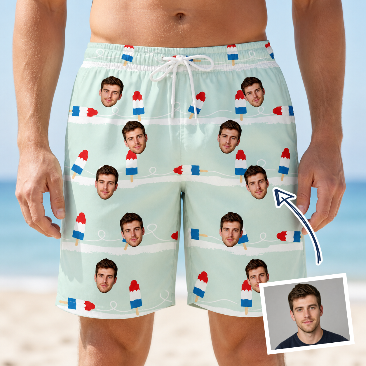 Man wearing Men's Independence Icicles Custom Face Beach Shorts — custom faces printed all-over