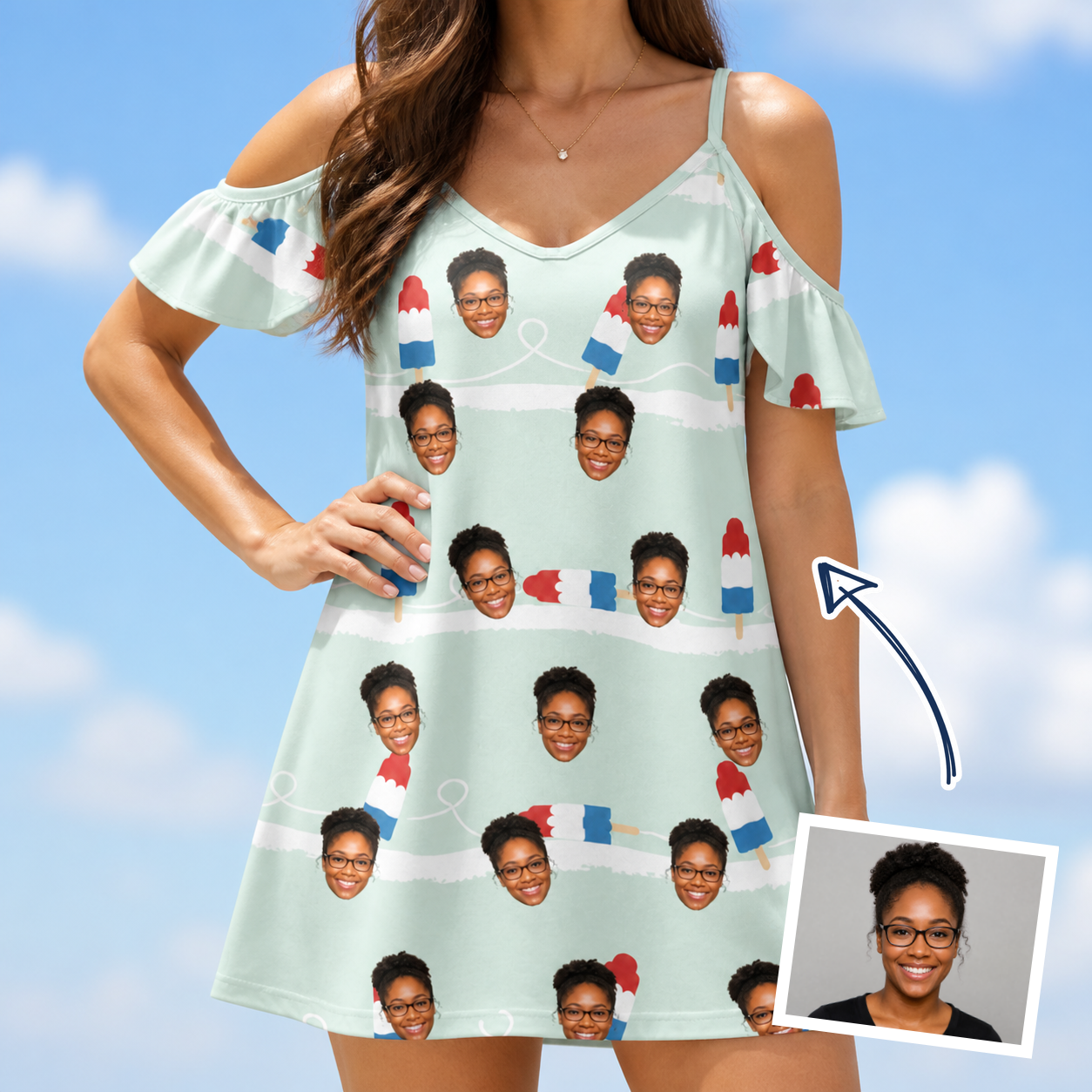 Woman wearing Women's Independence Icicles Custom Face Off-Shoulder Dress — custom faces printed all-over