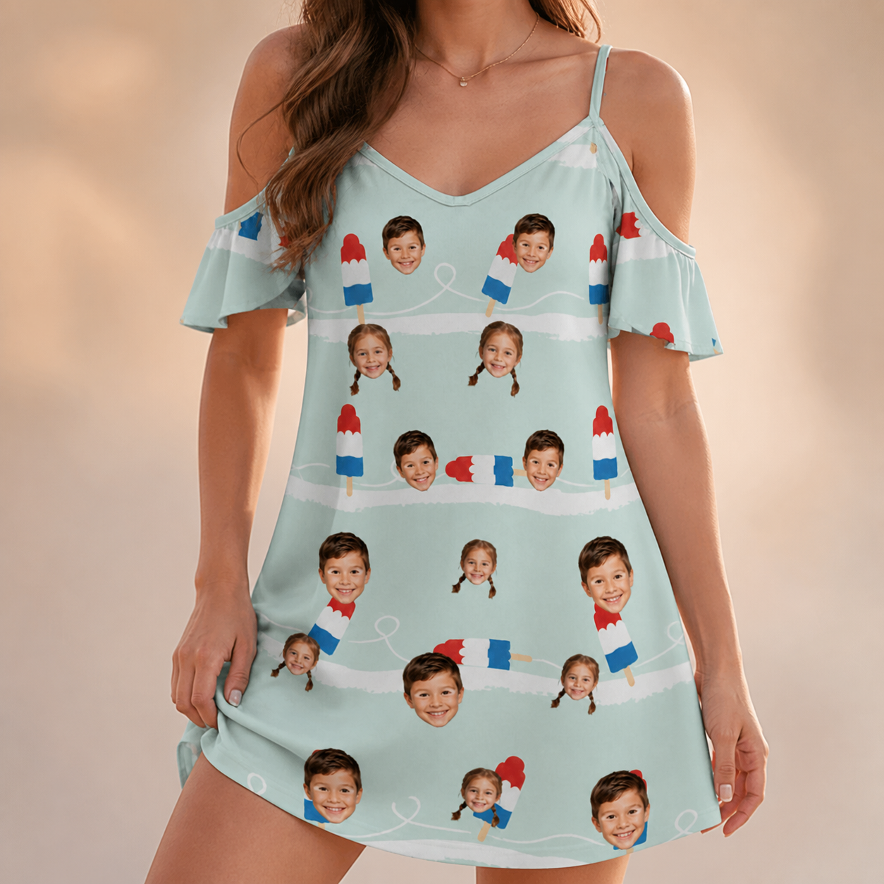 Model wearing Women's Independence Icicles Custom Face Off-Shoulder Dress printed with kids' faces