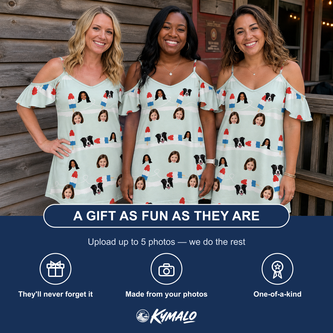 Friends in matching Women's Independence Icicles Custom Face Off-Shoulder Dress — a group gift photo