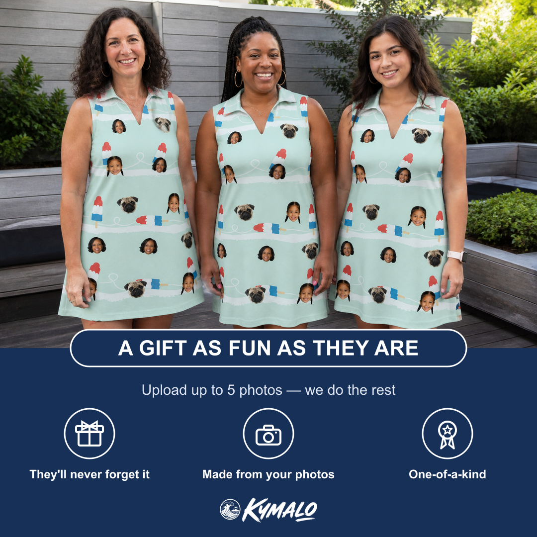 Friends in matching Women's Independence Icicles Custom Face V-Neck Dress — a group gift photo