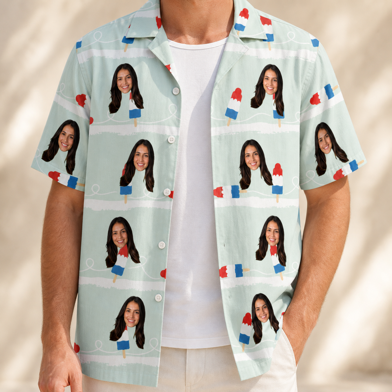 Man wearing Men's Independence Icicles Custom Face Hawaiian Shirt open over a white tee