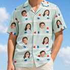 Model wearing Men's Independence Icicles Custom Face Hawaiian Shirt printed with kids' faces