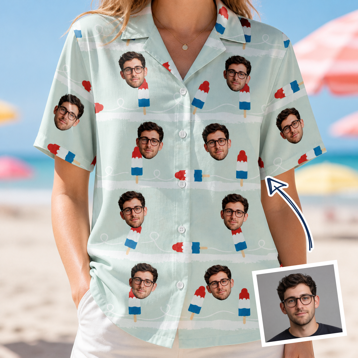 Woman wearing Women's Independence Icicles Custom Face Hawaiian Shirt — custom faces printed all-over