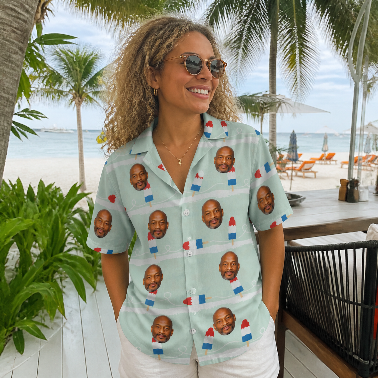 Real-life photo of someone wearing Women's Independence Icicles Custom Face Hawaiian Shirt — custom faces printed all-over
