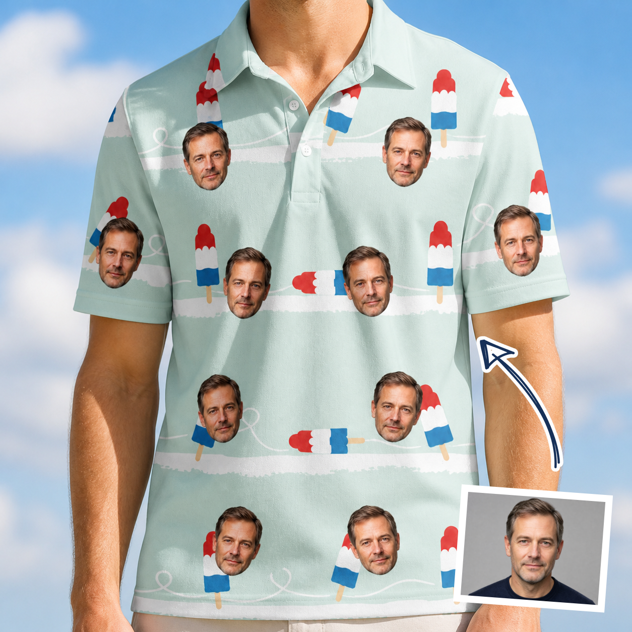 Man wearing Men's Independence Icicles Custom Face Polo Shirt — custom faces printed all-over
