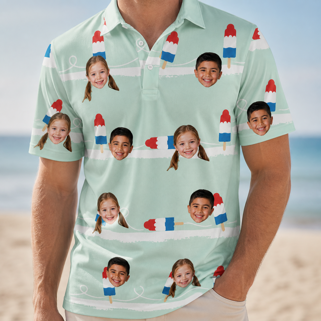 Model wearing Men's Independence Icicles Custom Face Polo Shirt printed with kids' faces