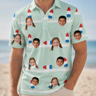 Model wearing Men's Independence Icicles Custom Face Polo Shirt printed with kids' faces