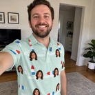 Real-life photo of someone wearing Men's Independence Icicles Custom Face Polo Shirt — custom faces printed all-over