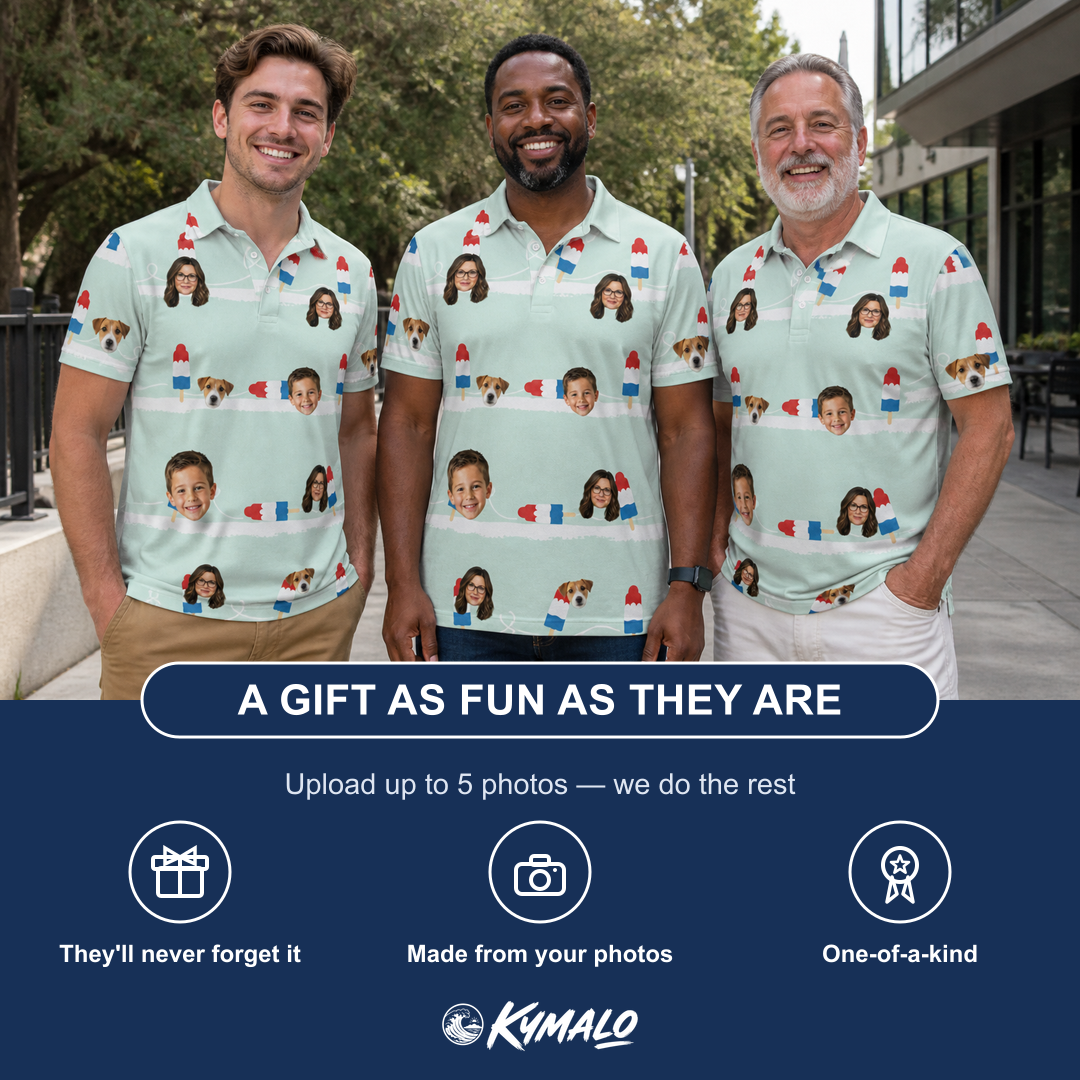 Friends in matching Men's Independence Icicles Custom Face Polo Shirt — a group gift photo