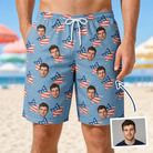 Man wearing Men's Stellar Standard Custom Face Beach Shorts — custom faces printed all-over