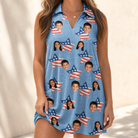 Model wearing Women's Stellar Standard Custom Face V-Neck Dress printed with kids' faces