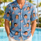 Model wearing Men's Stellar Standard Custom Face Hawaiian Shirt printed with kids' faces