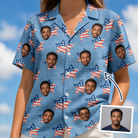 Woman wearing Women's Stellar Standard Custom Face Hawaiian Shirt — custom faces printed all-over