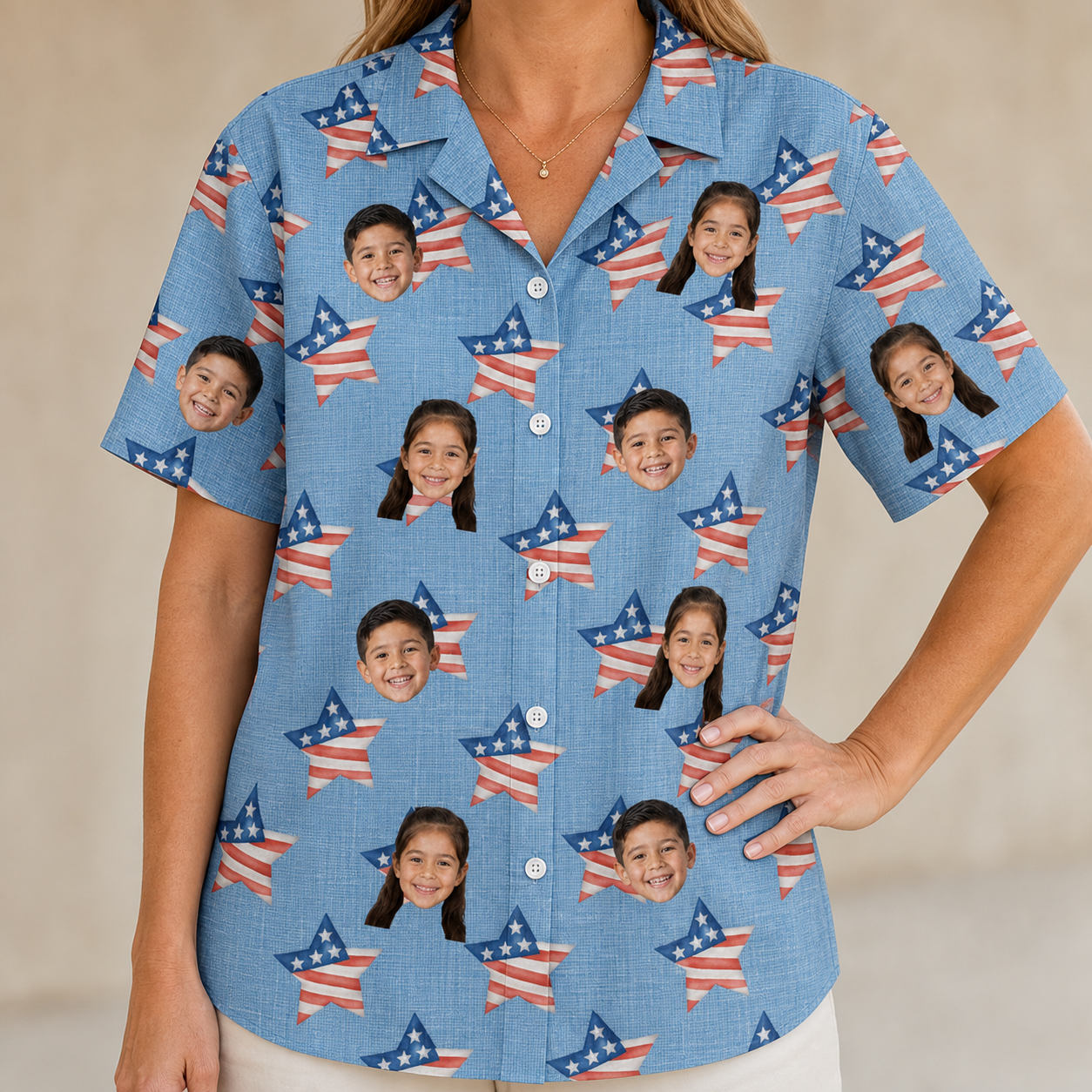 Model wearing Women's Stellar Standard Custom Face Hawaiian Shirt printed with kids' faces