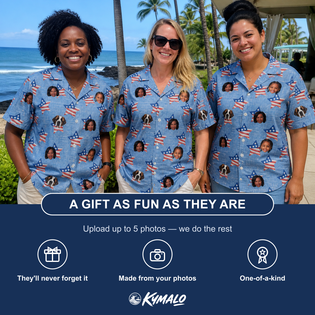 Friends in matching Women's Stellar Standard Custom Face Hawaiian Shirt — a group gift photo